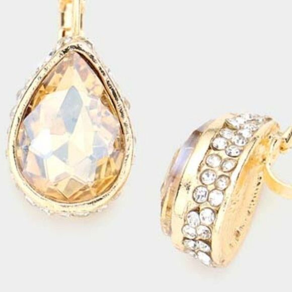 Rhinestone Lt Topaz Teardrop Stone Lever Back Gold Evening Earrings - Picture 2 of 5